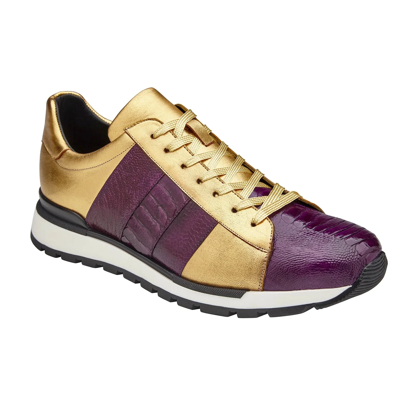 Men's Belvedere Blake Calf & Ostrich Leg Dress Sneaker in Purple & Gold - Image 2