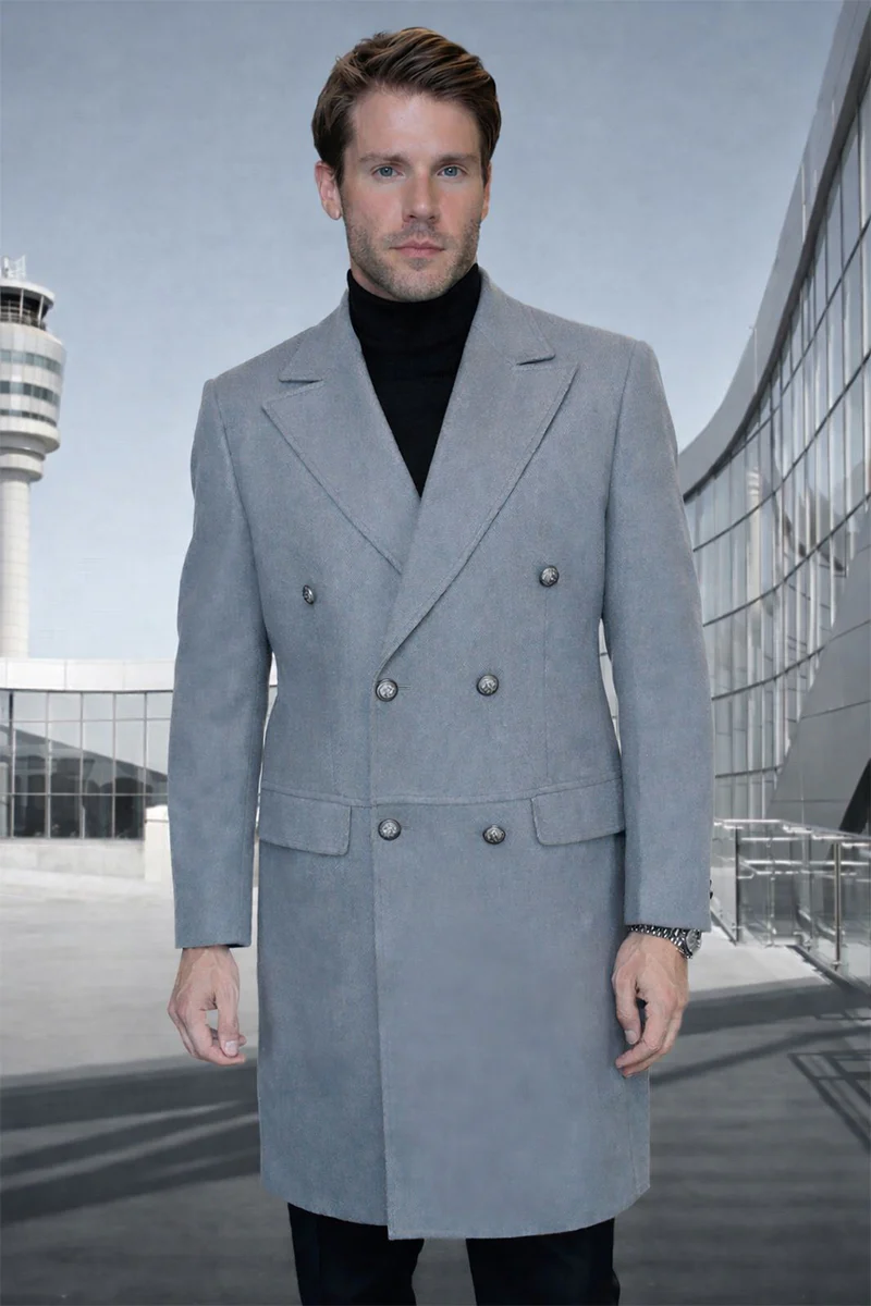 Men's Designer 100% Double Breasted Winter Overcoat with Removable Fur Collar in Grey