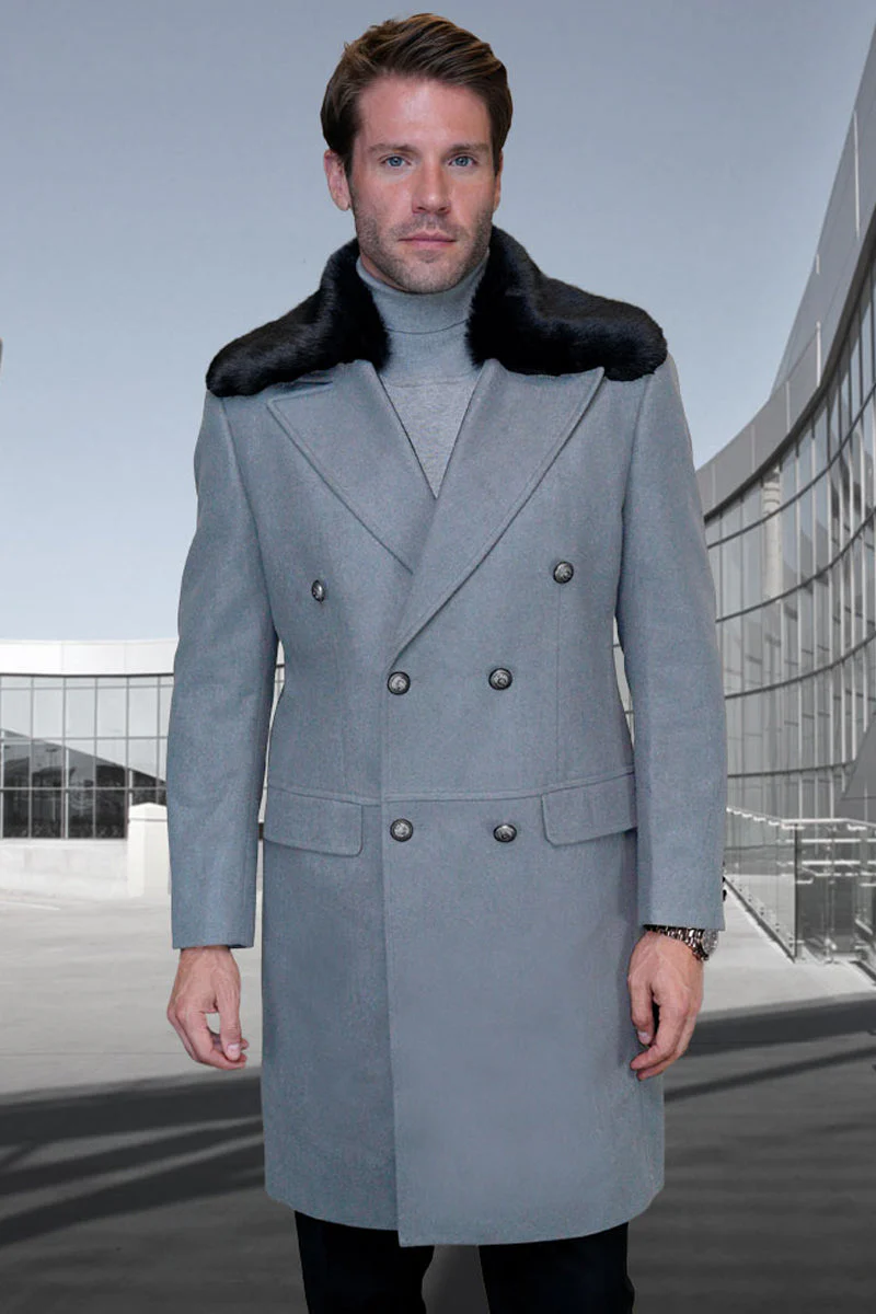 Men's Designer 100% Double Breasted Winter Overcoat with Removable Fur Collar in Grey - Image 2