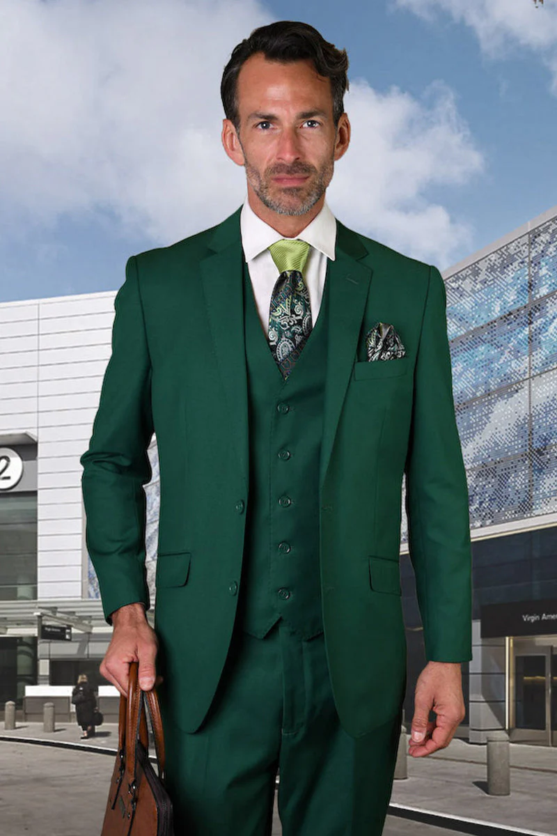 Men's Designer Vested Modern Fit Wool Wedding & Business Suit in Forest Green