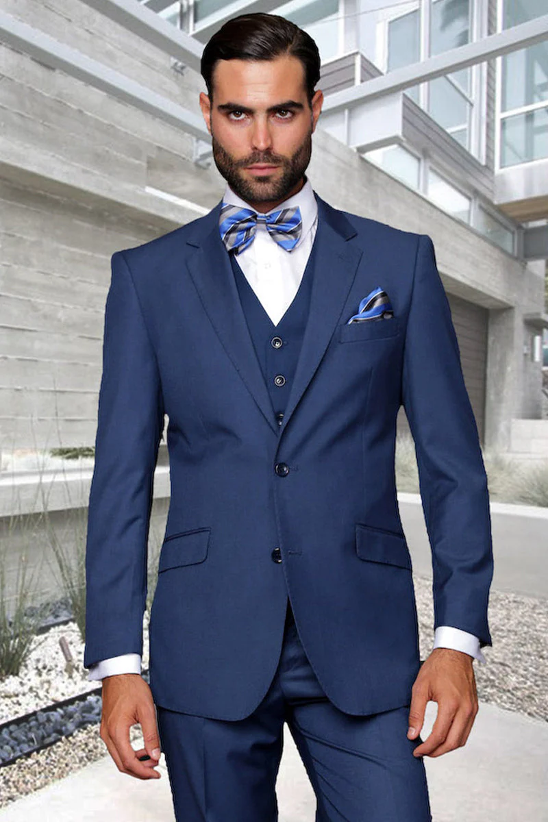 Men's Designer Vested Modern Fit Wool Wedding & Business Suit in Indigo Blue