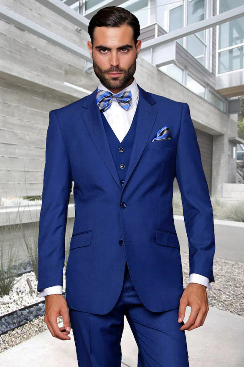 Men's Designer Vested Modern Fit Wool Wedding & Business Suit in Sapphire Blue