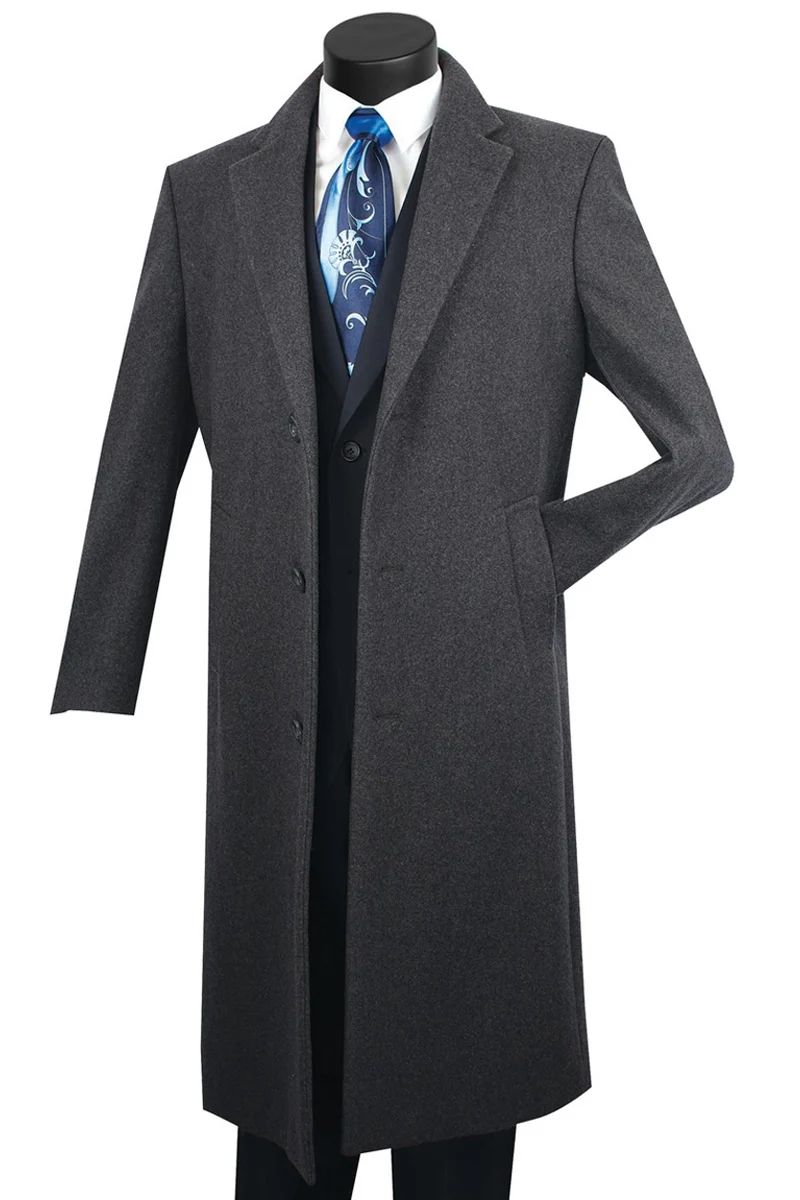 Men's Full Length Wool & Cashmere Overcoat in Charcoal Grey