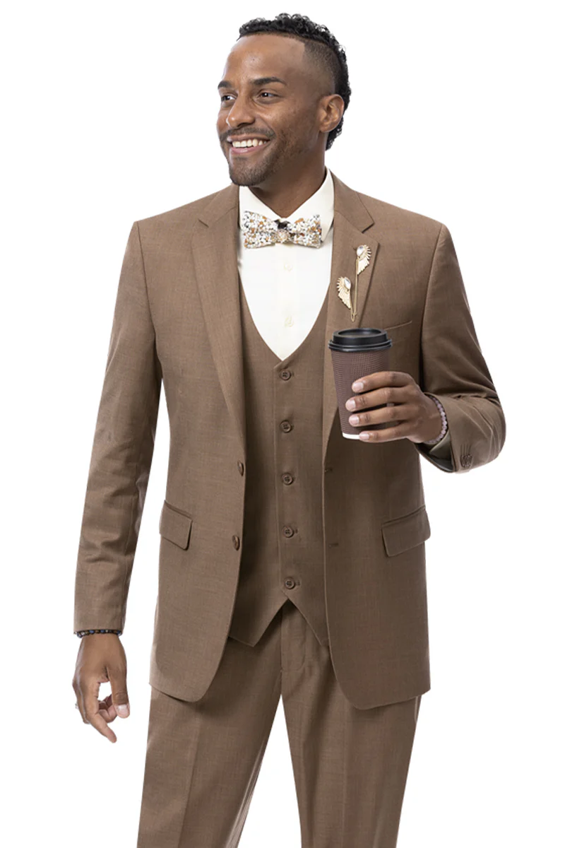 Mens Modern Fit Two Button Vested Sharkskin Business Suit in Rust Brown