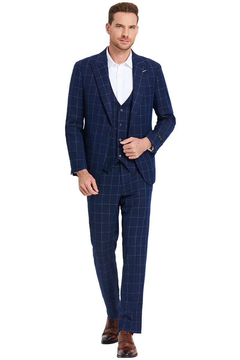 Men's One Button Peak Lapel Vested Bold Chalk Windowpane Plaid Suit in Navy Blue - Image 2