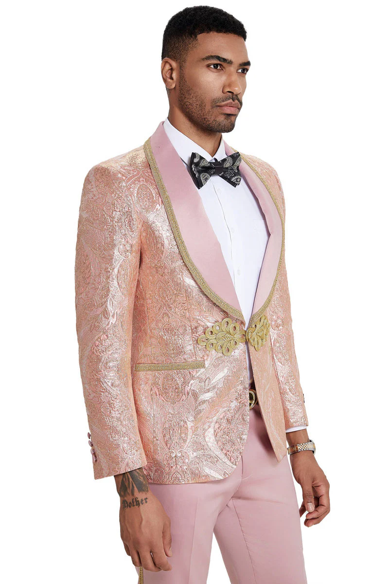 Men's One Button Shawl Lapel Wedding & Prom Tuxedo in Shiny Pink Paisley - Image 3