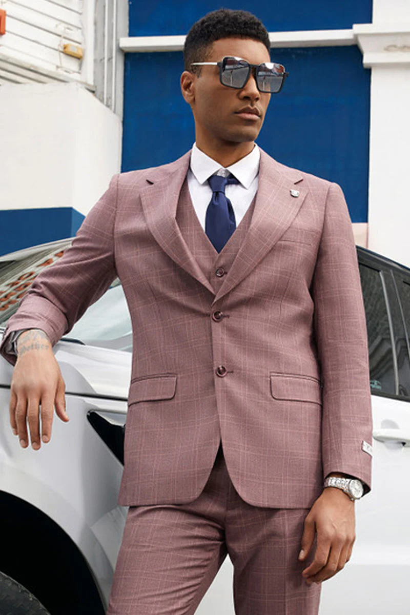 Men's Stacy Adam's Two Button Vested Business Suit in Mauve Plaid | CLOSE OUT 40R