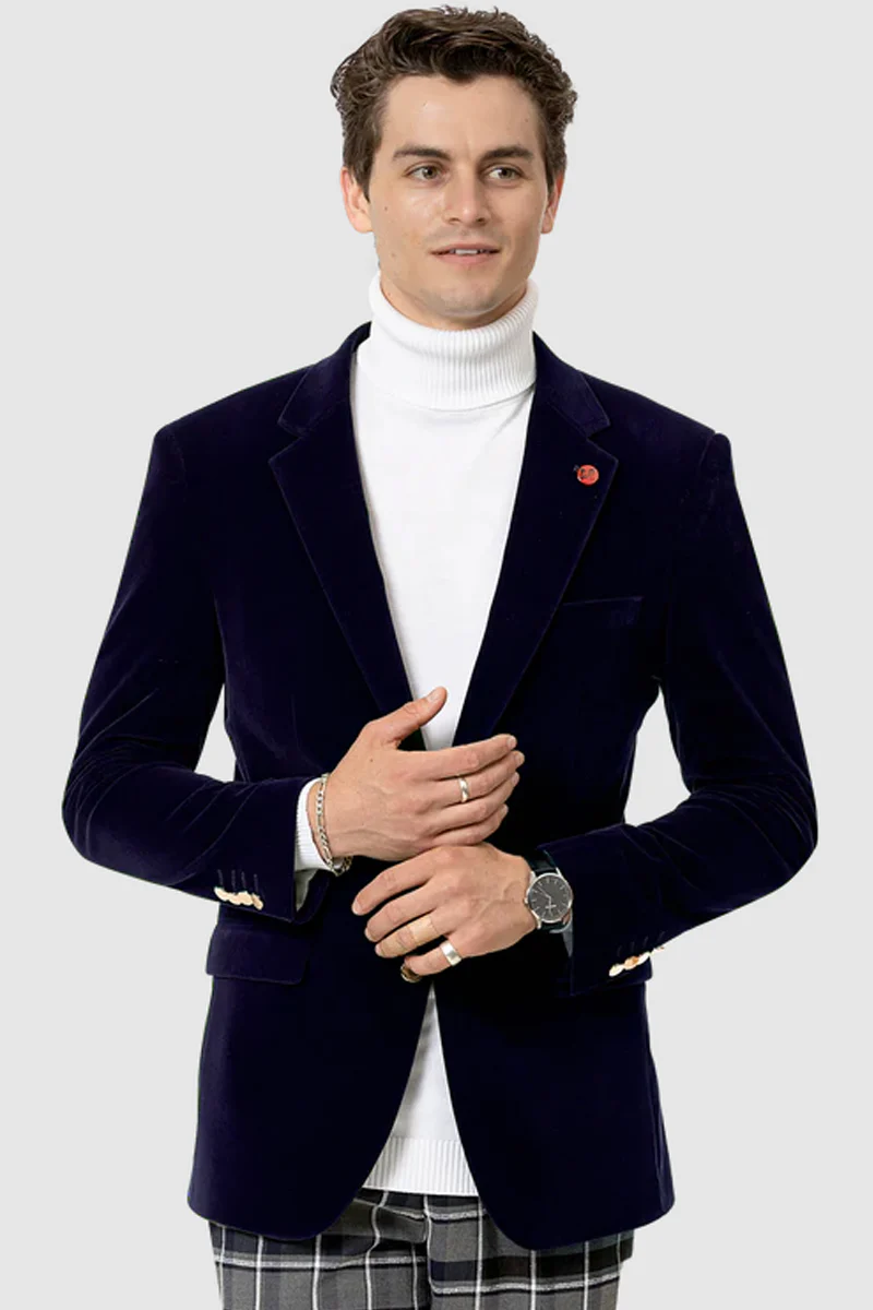 Mens Two Button Modern Fit Velvet Blazer in Navy Blue