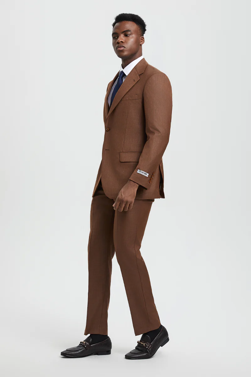 Men's Two Button Vested Stacy Adams Designer Sharkskin Suit in Cognac - Image 3